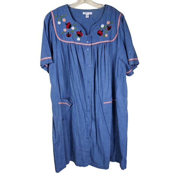 Go Softly Embroidered Patio Dress 2X Ladybugs Snap Front Cottagecore Kaftan - Picture 1 of 11
